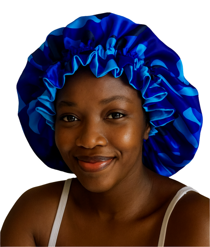 Woman wearing a blue satin bonnet on a white background
