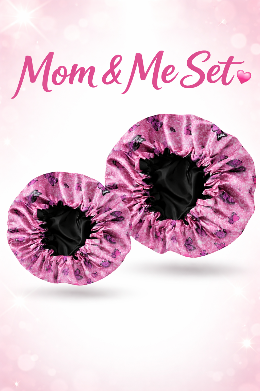 Mom &amp; Me Pink Butterfly Satin Bonnet Set