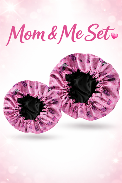Mom &amp; Me Pink Butterfly Satin Bonnet Set