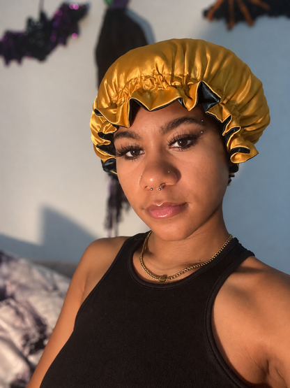 Emerald &amp; Gold Reversible Satin Bonnet Luxury Silk