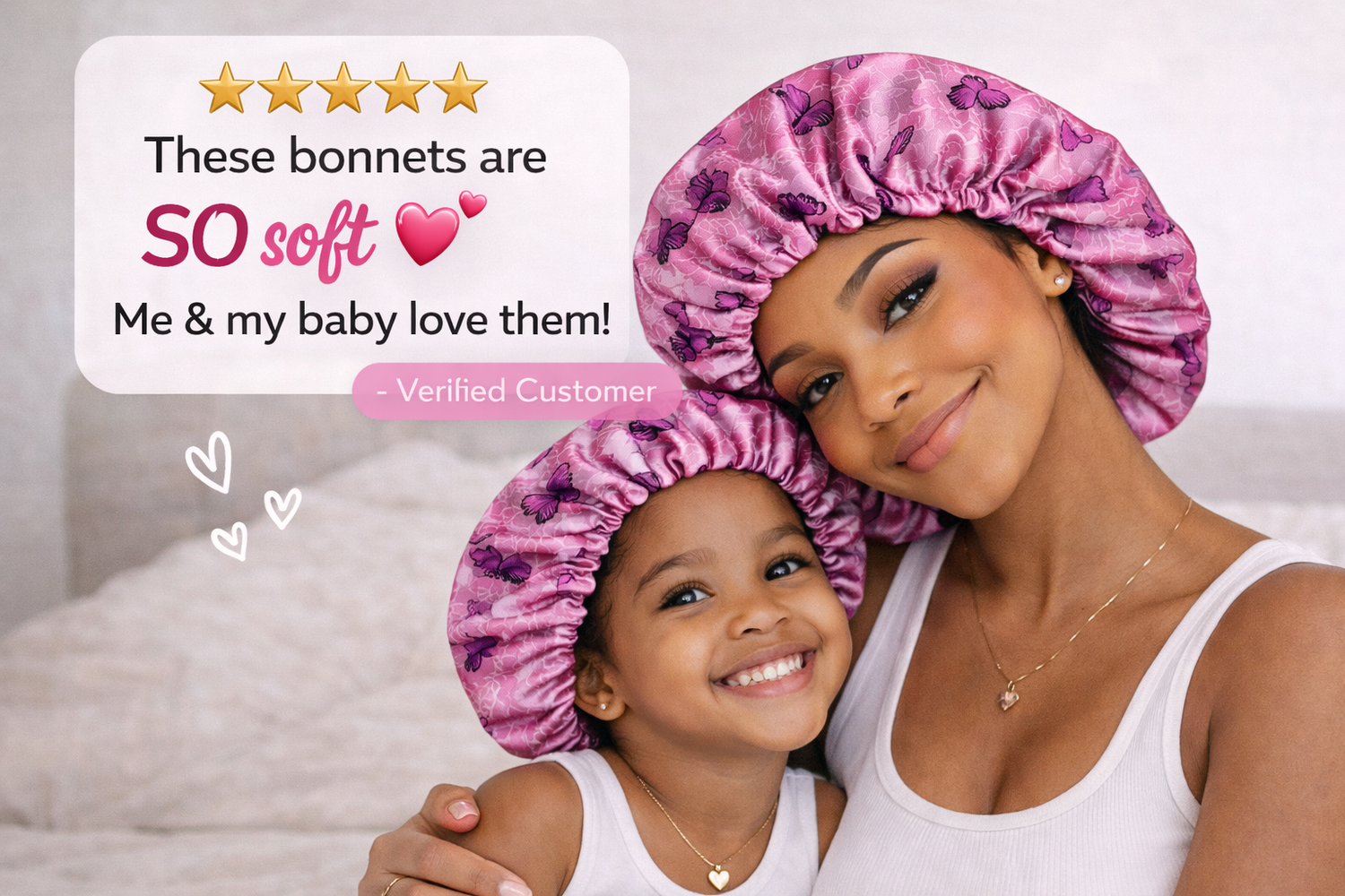Mom &amp; Me Pink Butterfly Satin Bonnet Set