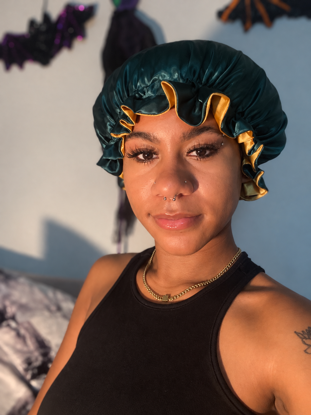 Emerald &amp; Gold Reversible Satin Bonnet Luxury Silk
