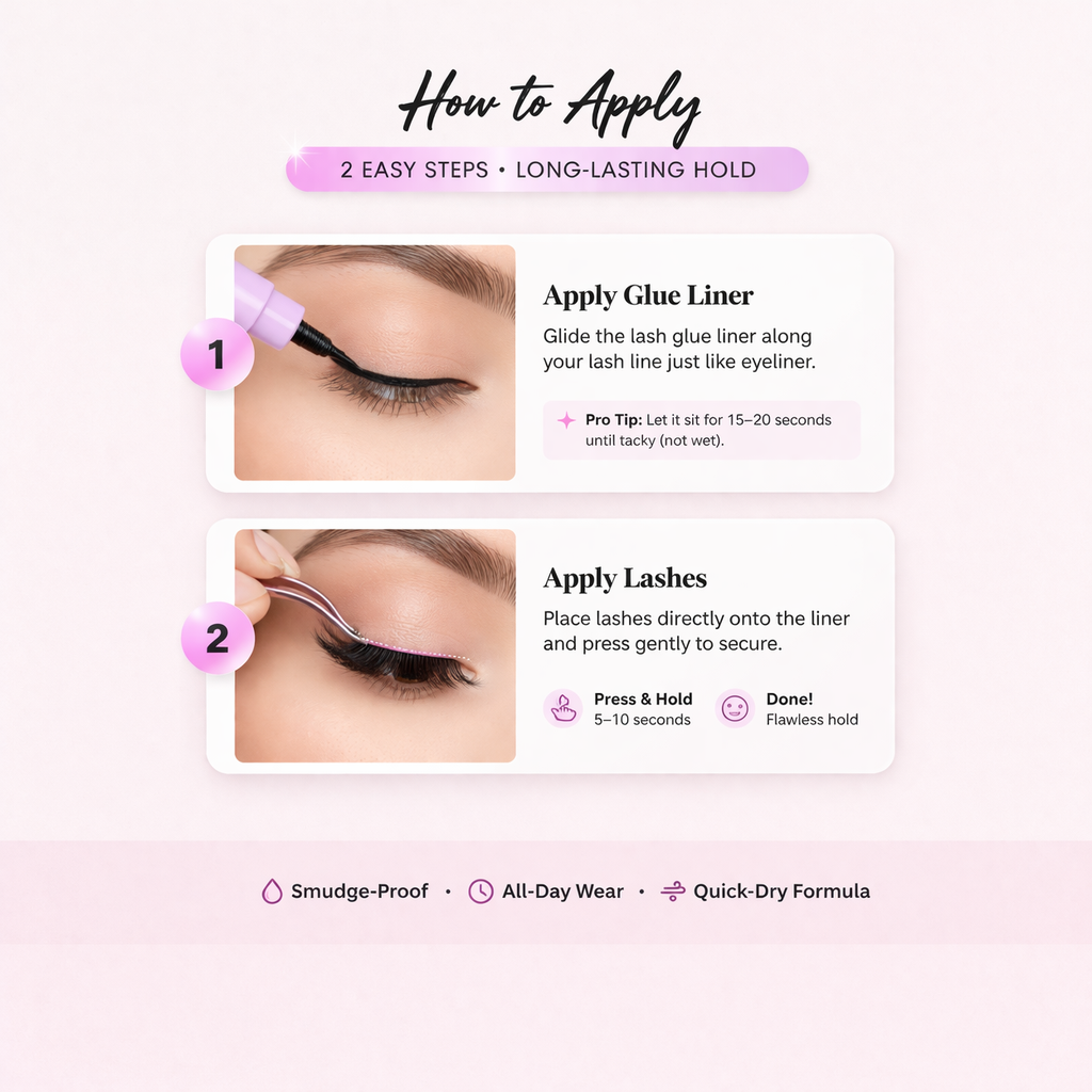 Instructions on how to apply lashes with a glue liner, shown in two easy steps.