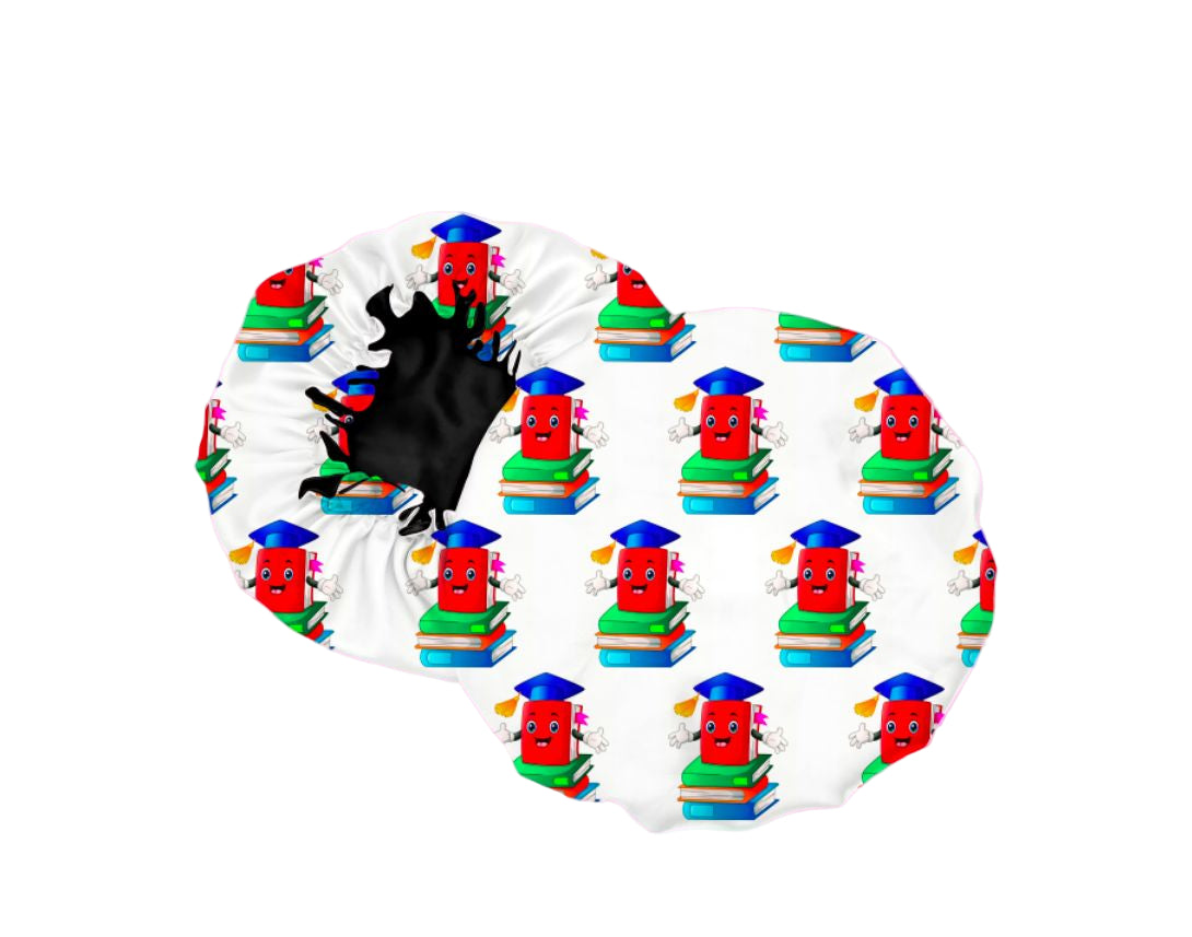 Protective kids hair bonnet with fun school theme print – moisture-retaining satin sleep cap