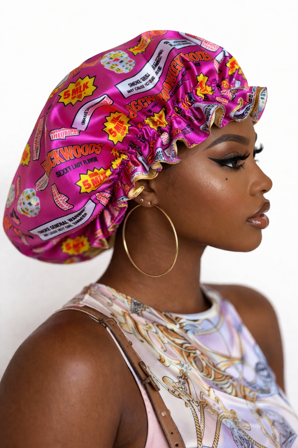 双面睡缎波浪夏季振动帽子粉色和金色