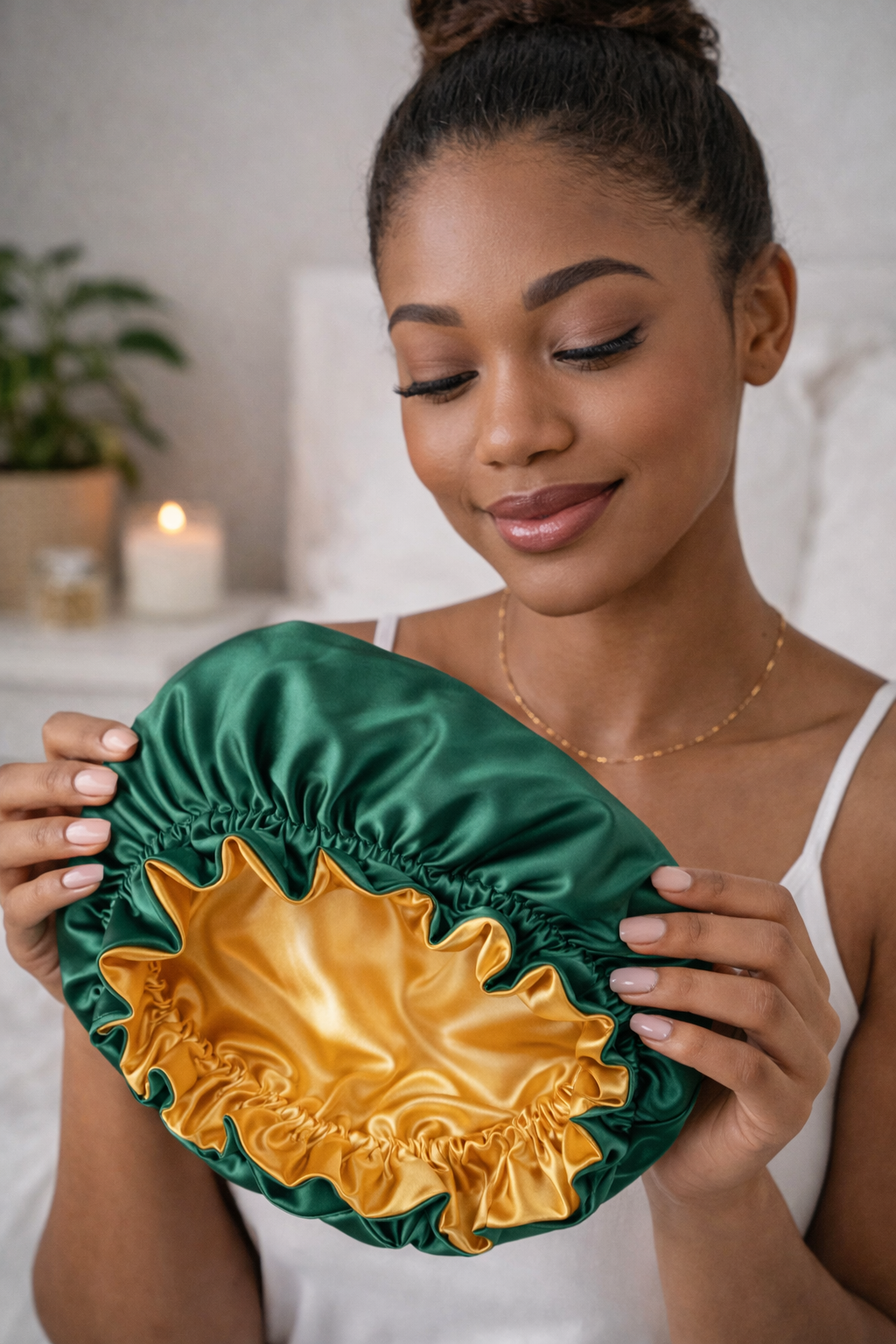 Woman holding a green satin bonnet with gold leaf design