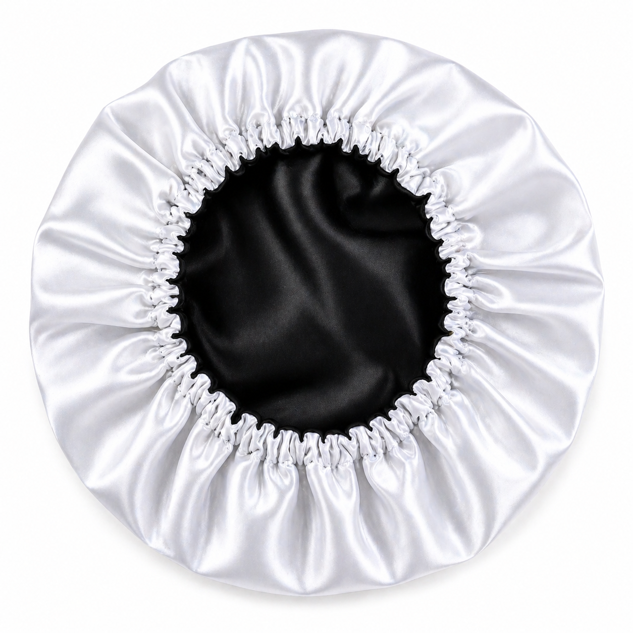 White satin bonnet with black interior on a white background