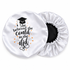 White satin hair bonnet with graduation-themed text and design on a white background