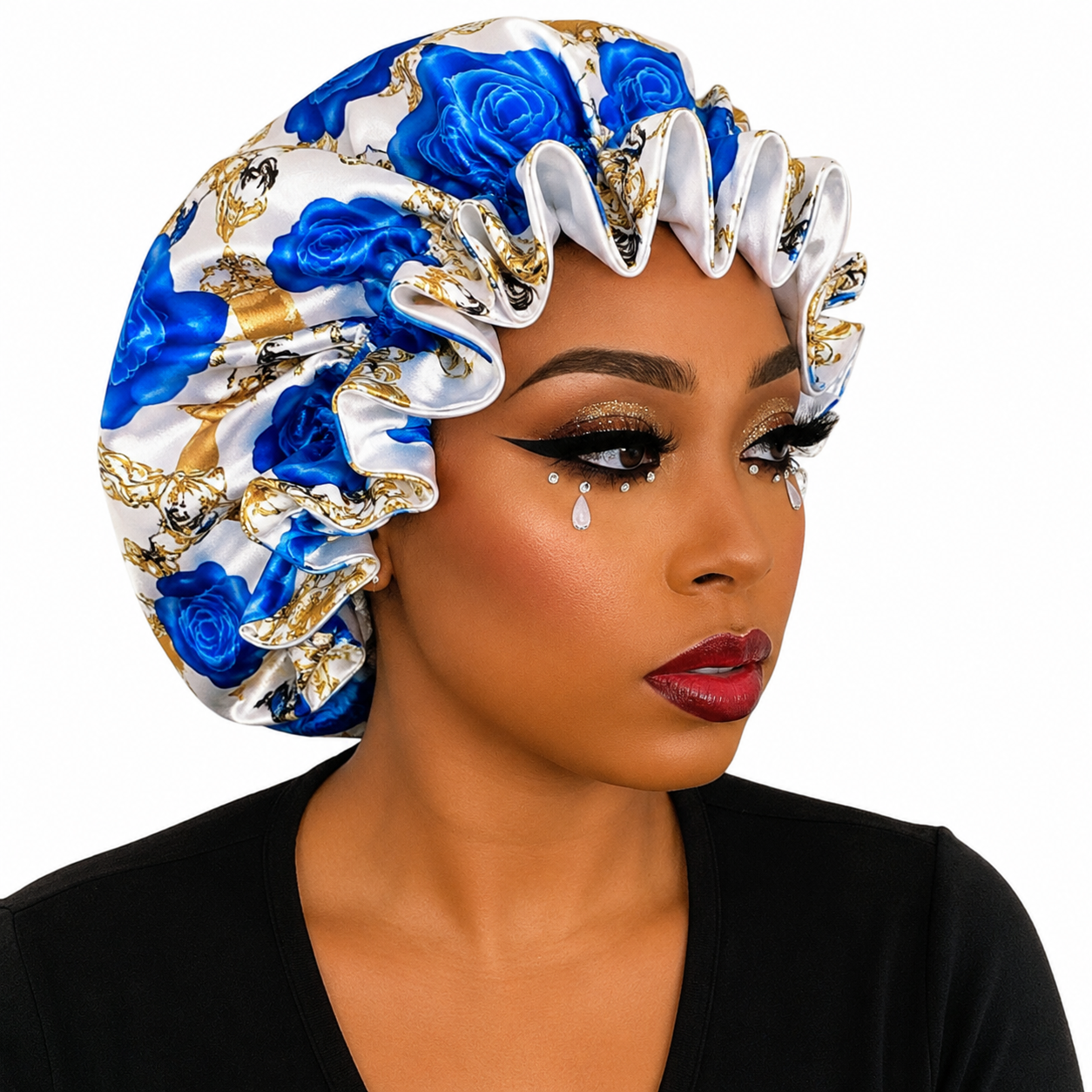 Royal Bloom Reversible Satin Bonnet -Blue &amp; Gold