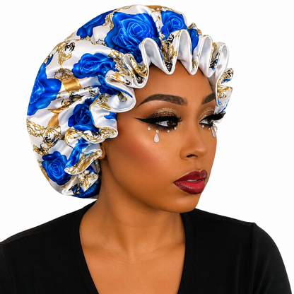 Royal Bloom Reversible Satin Bonnet -Blue &amp; Gold  Luxe Edition