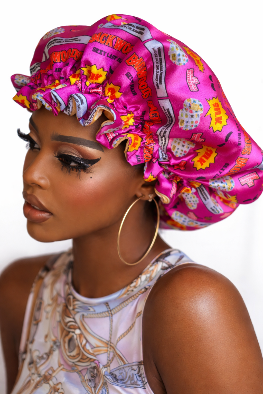 双面睡缎波浪夏季振动帽子粉色和金色