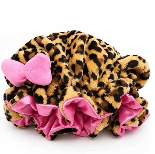 Pink Leopard Luxe | Teddy Fleece Satin-Lined Bonnet 💕🐆