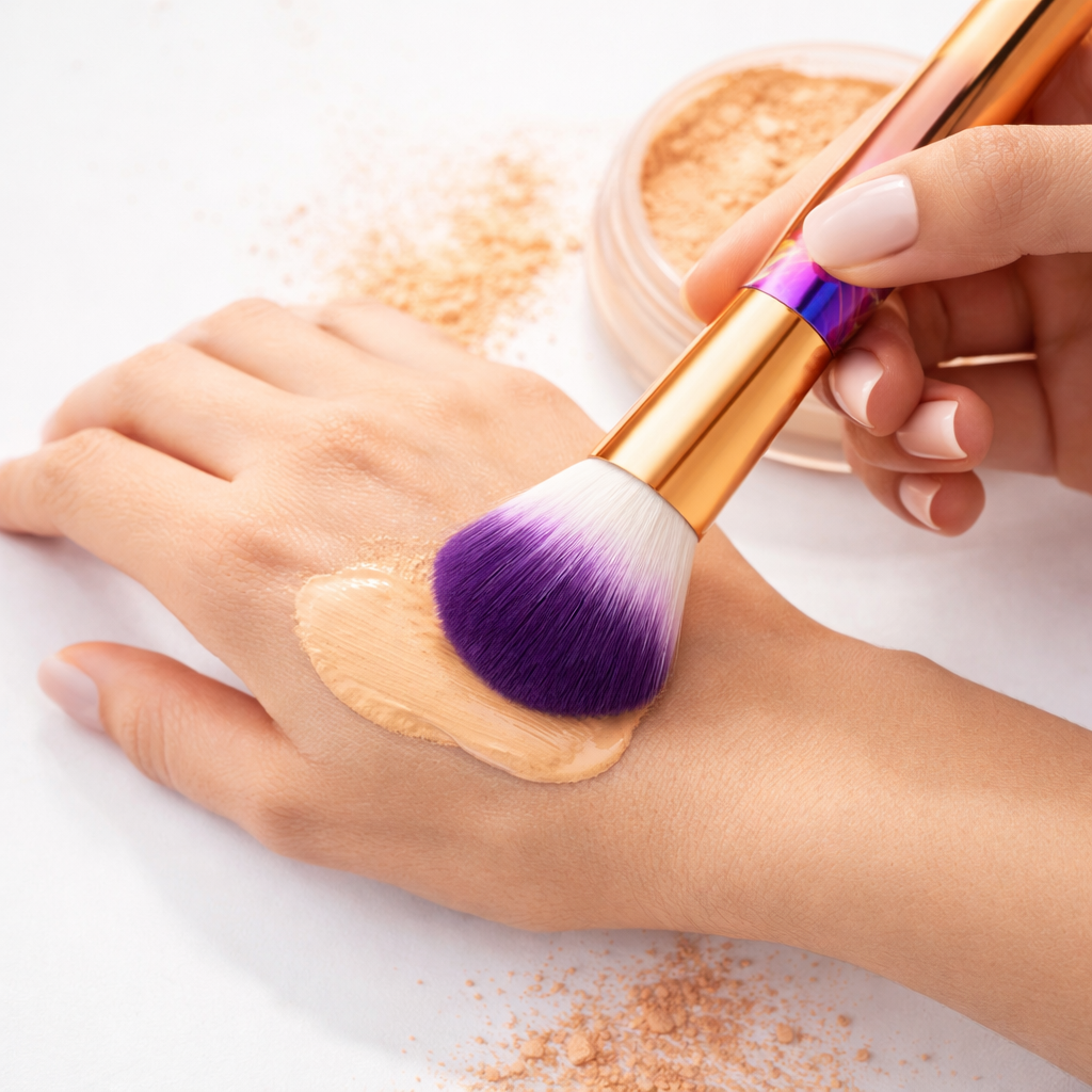 Makeup brush with purple bristle being used to apply powder on a hand