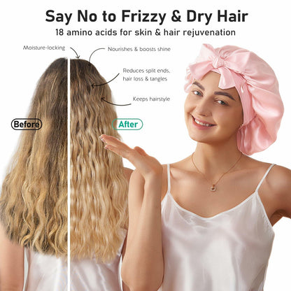 LitBear Mulberry Silk Bonnet 6A 22 Momme Large Double-Layer Pink Tie Band