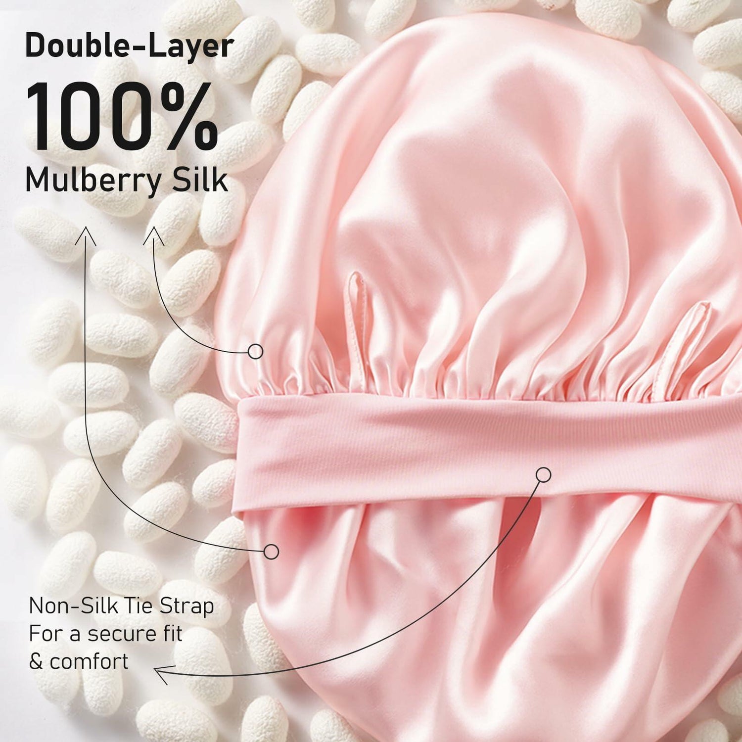 LitBear Mulberry Silk Bonnet 6A 22 Momme Large Double-Layer Pink Tie Band