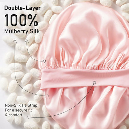 LitBear Mulberry Silk Bonnet 6A 22 Momme Large Double-Layer Pink Tie Band