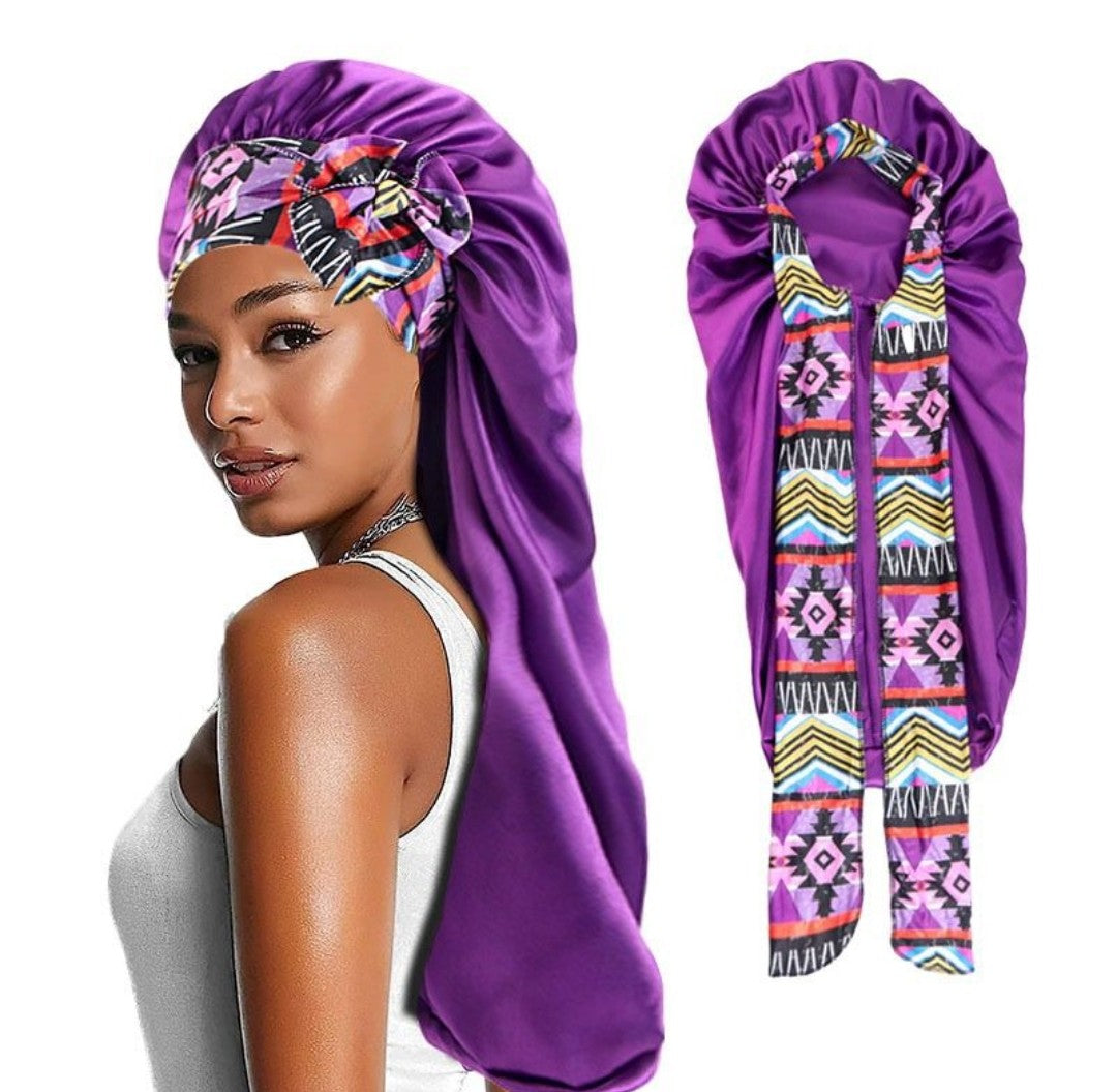 Purple Long Satin Tie Band Sleeping Bonnet