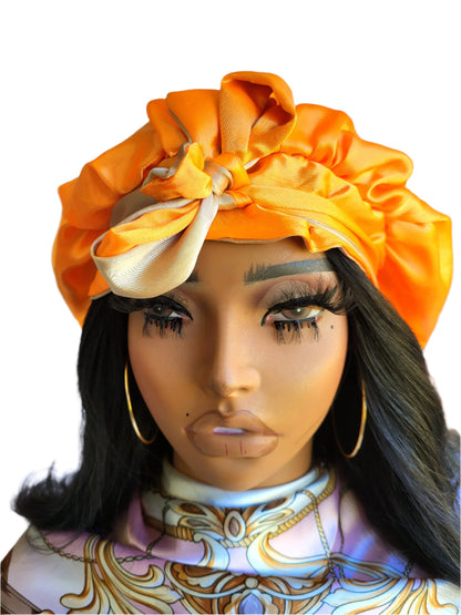 ORANGE &amp; KHAKI Reversible Sleeping Satin Hair Tying Bonnet