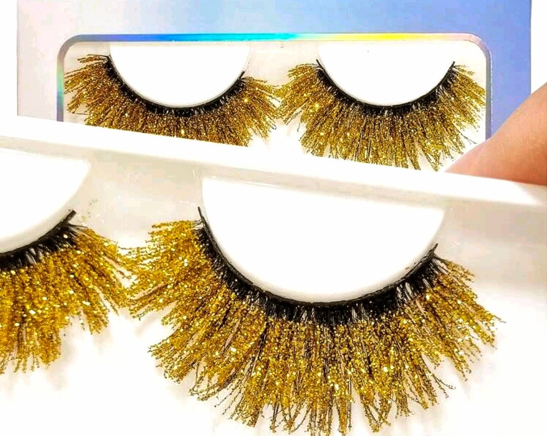 "Goldie" 20mm Gold Glitter Fluffy False Eyelashes