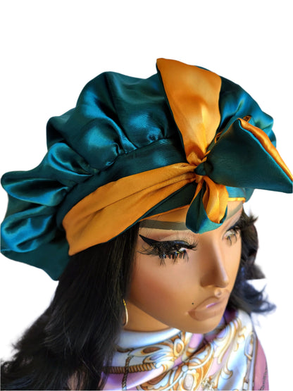 GREEN &amp; GOLD Reversible Sleeping Satin Hair Tying Bonnet