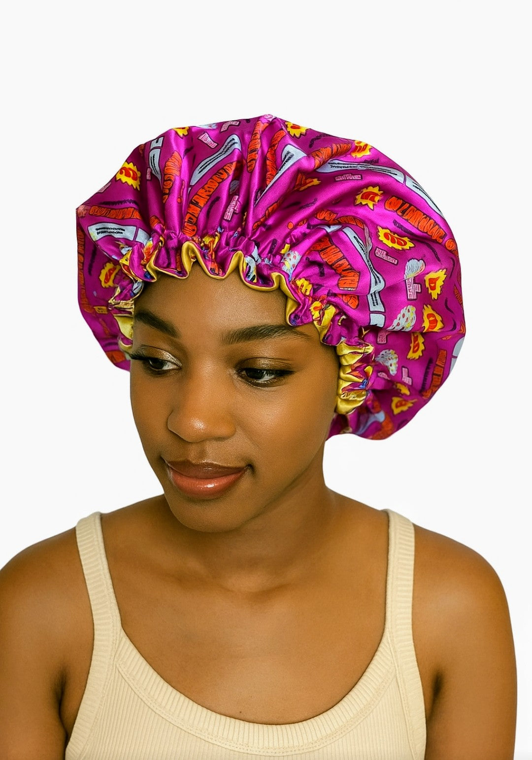 Pink &amp; Gold Reversible Satin Bonnet – Luxury Double-Layer Silk Sleep Cap for Natural Hair Protection | Lashes2Cute