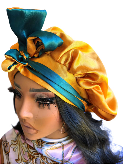 GREEN &amp; GOLD Reversible Sleeping Satin Hair Tying Bonnet