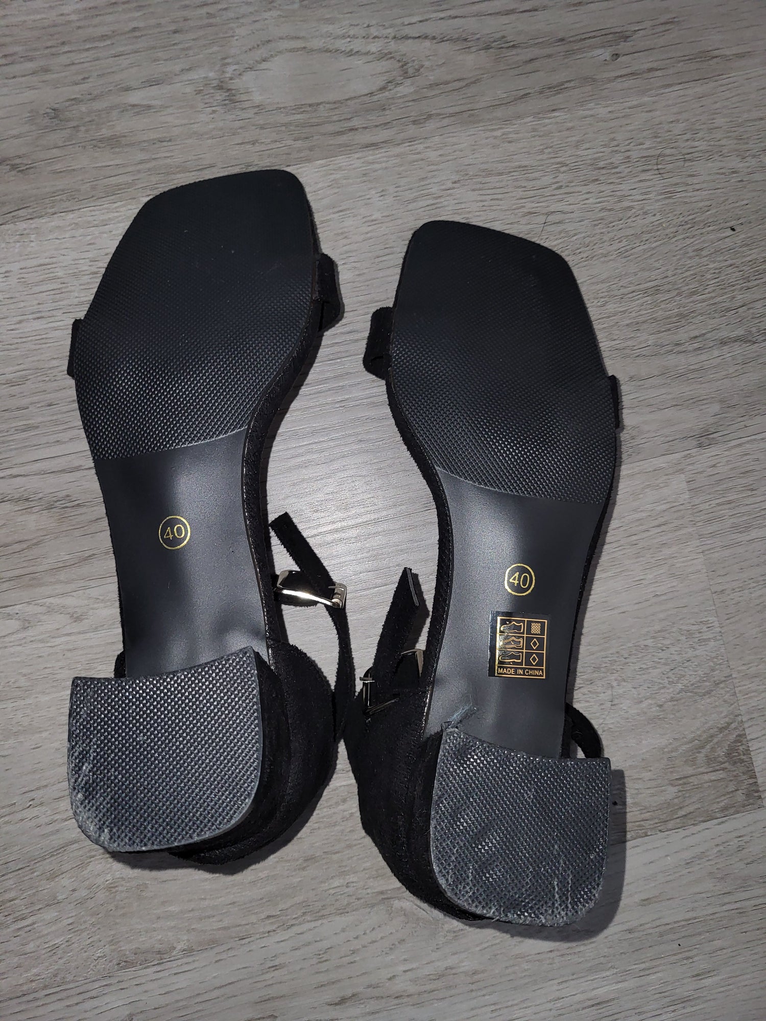 Black High Heel Peep Toe Ankle Strap With Chunky Heels Made Of Faux Suede Size 8