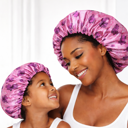 Mom &amp; Me Pink Butterfly Satin Bonnet Set