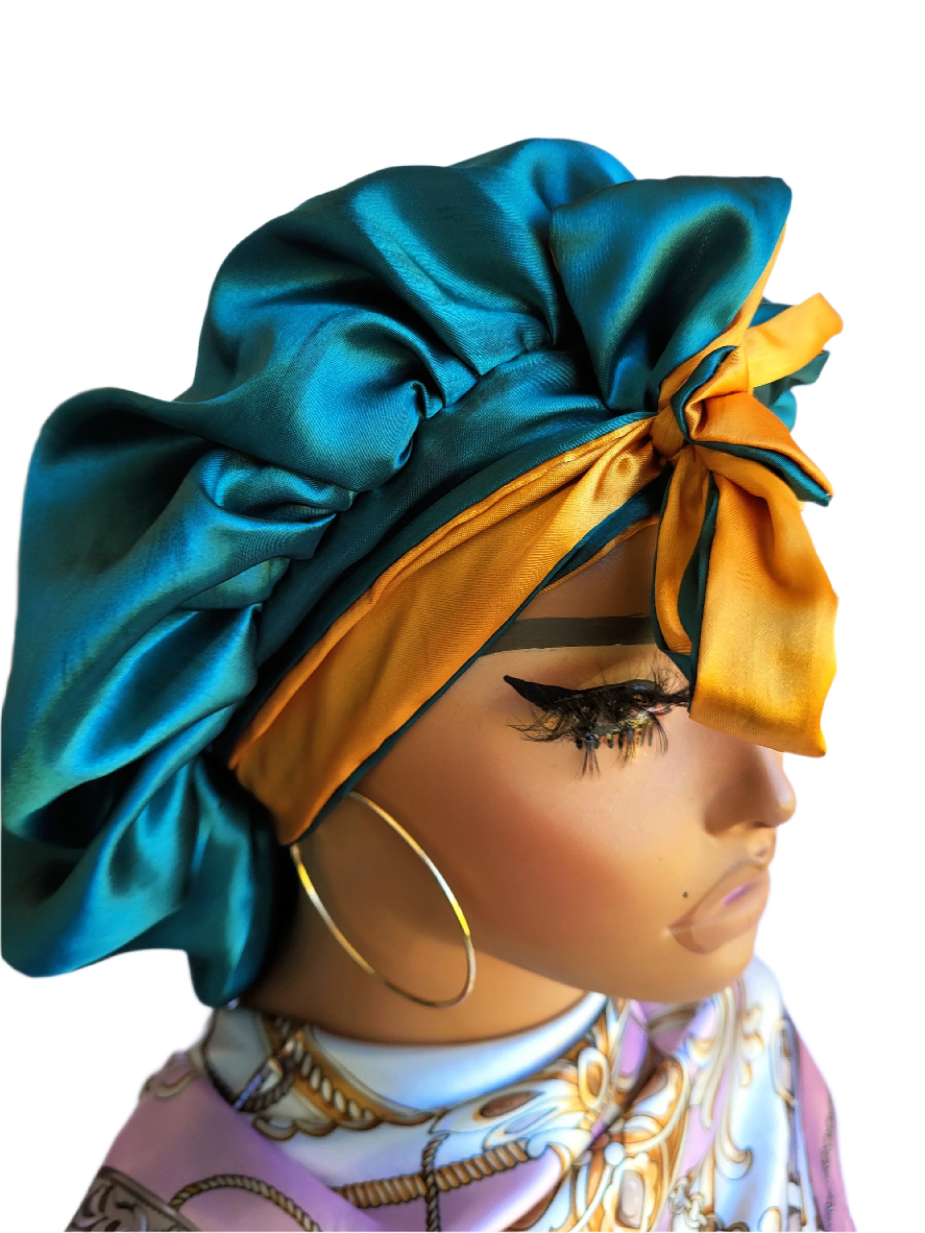 GREEN &amp; GOLD Reversible Sleeping Satin Hair Tying Bonnet