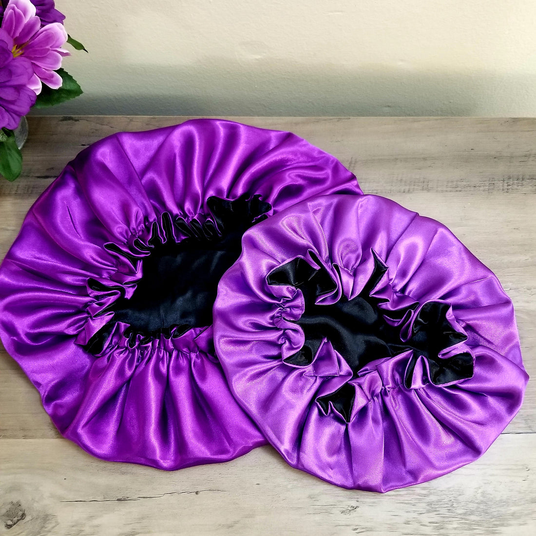 Mommy & Baby Satin Reversible Bonnet Purple and Black Color