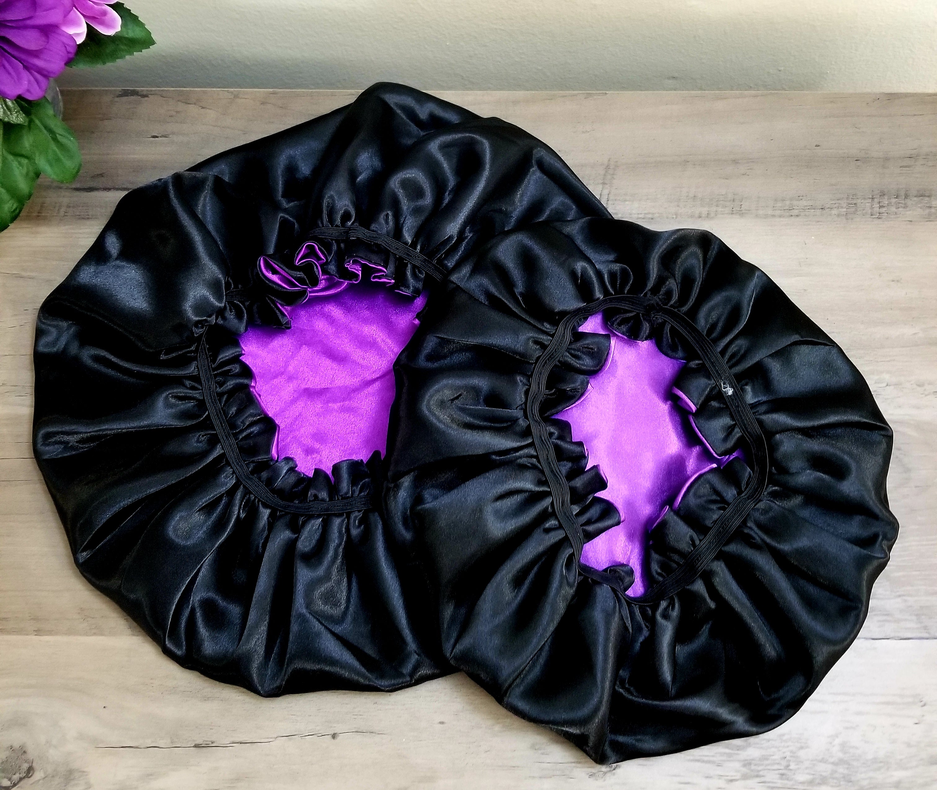 Mommy &amp; Baby Satin Reversible Bonnet Purple and Black Color