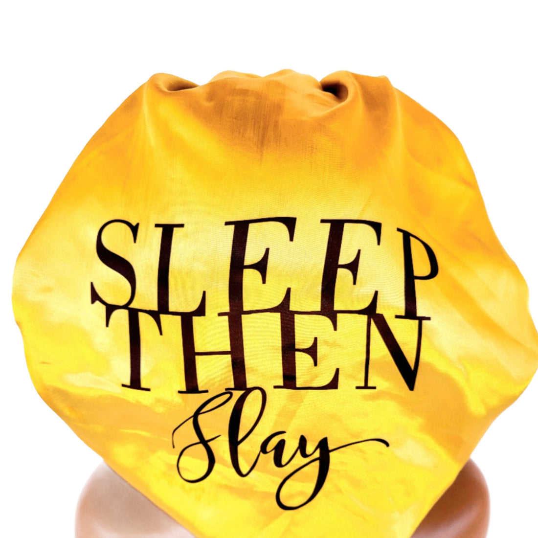 &quot;Sleep Then Slay&quot; Gold &amp; Black Reversible Sleeping Satin Wavy Bonnet