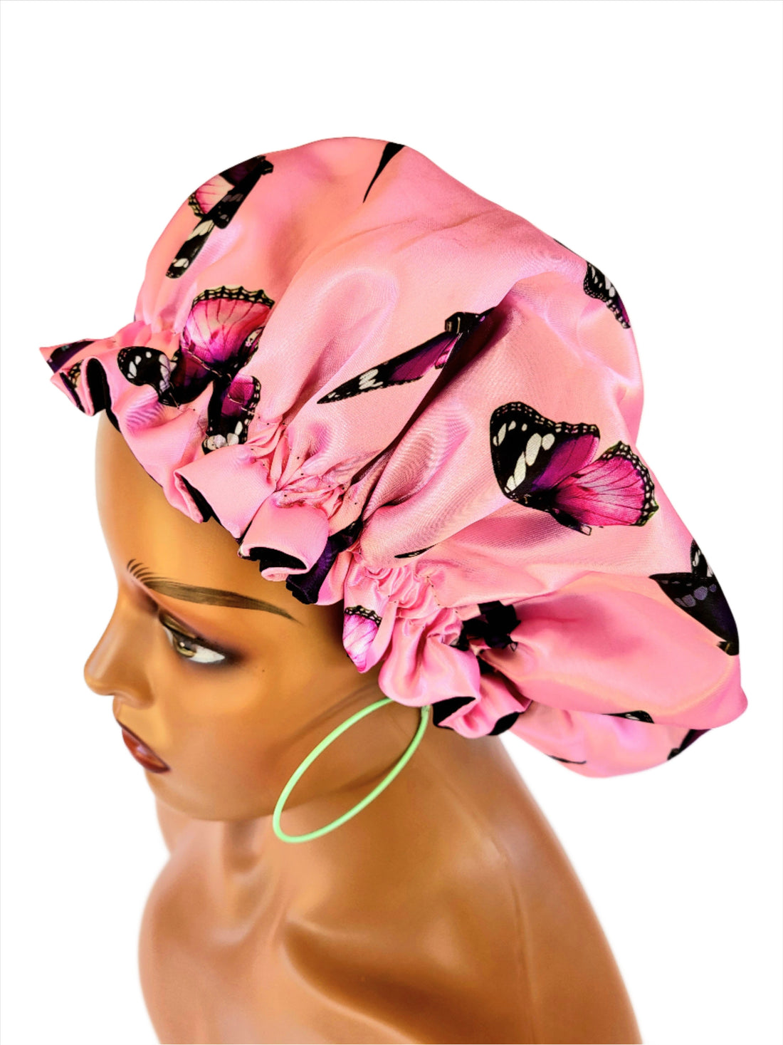 Reversible Sleeping Satin Wavy Bonnet Pink Butterfly and Black Color