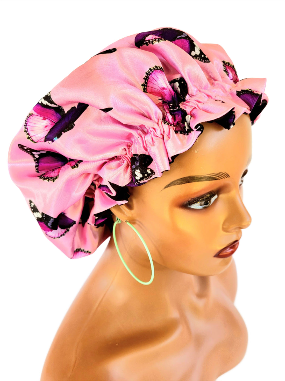 Reversible Sleeping Satin Wavy Bonnet Pink Butterfly and Black Color
